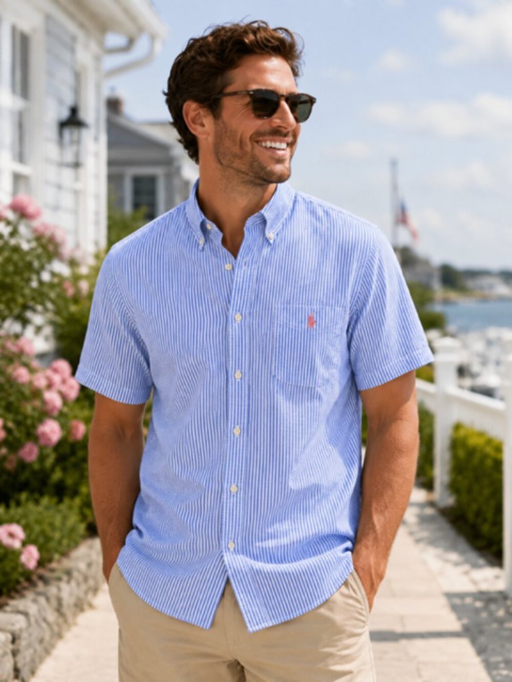 NWT Polo Ralph Lauren RL Untucked Fit Blue White Stripe Button-Down Shirt Large